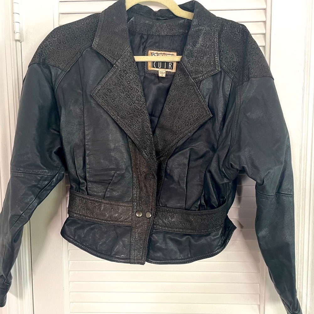 Vintage 80s black leather motorcycle jacket Leopard Print Accent- Sz Small